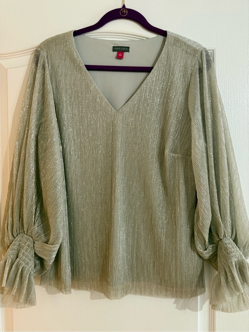 Vince Camuto Metallic Sage Pleated V-Neck Blouson Sleeve Top